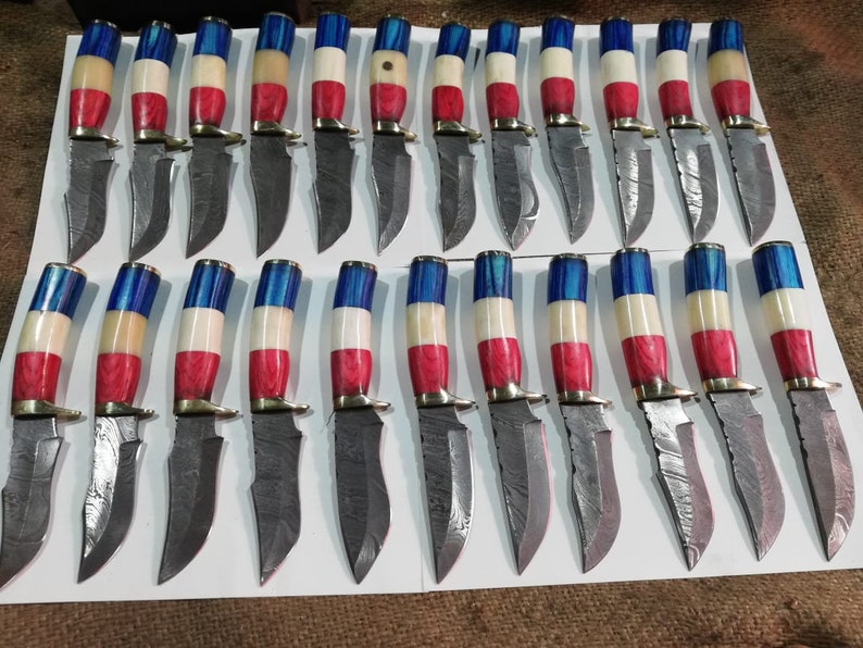 Lot of 50 custom made Damascus knives with different handle materials, hand forged skinning knives, custom Damascus hunt
