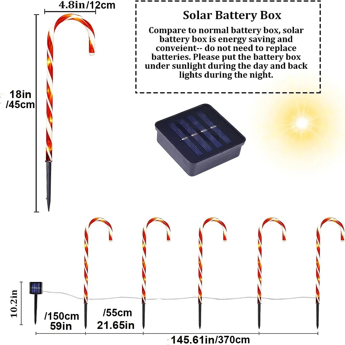 Solar Candy Cane Pathway Lights 5 Piece Waterproof Christmas Garden Stake Set