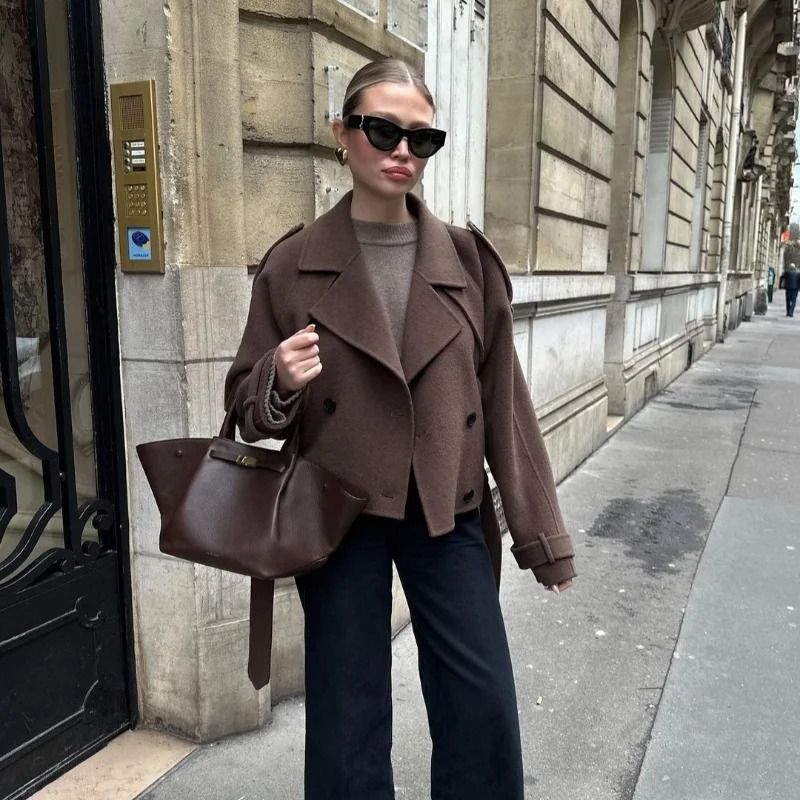 Elegant Womens Grey Belted Wool Coat Double Breasted Long Winter Peacoat