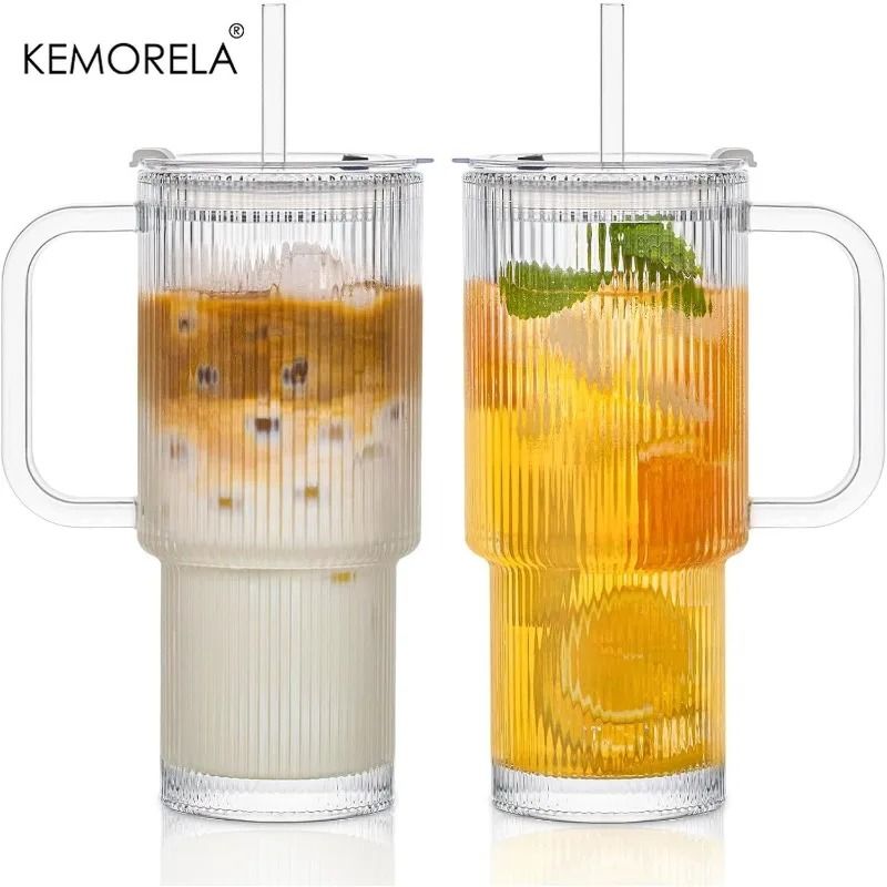 768ML Modern Ribbed Glass Tumbler – High-Performance Clear Coffee Mug with Handle & Lid Set