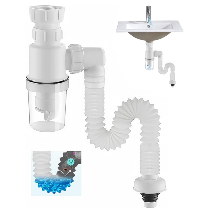 Flexible Downspout for Kitchen Sink Drain, P-Trap with Retractable Deodorizing Filter
