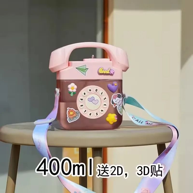 Telephone Shape Cute Water Bottle with Straw Kawaii Kids Plastic Bottle 400ml