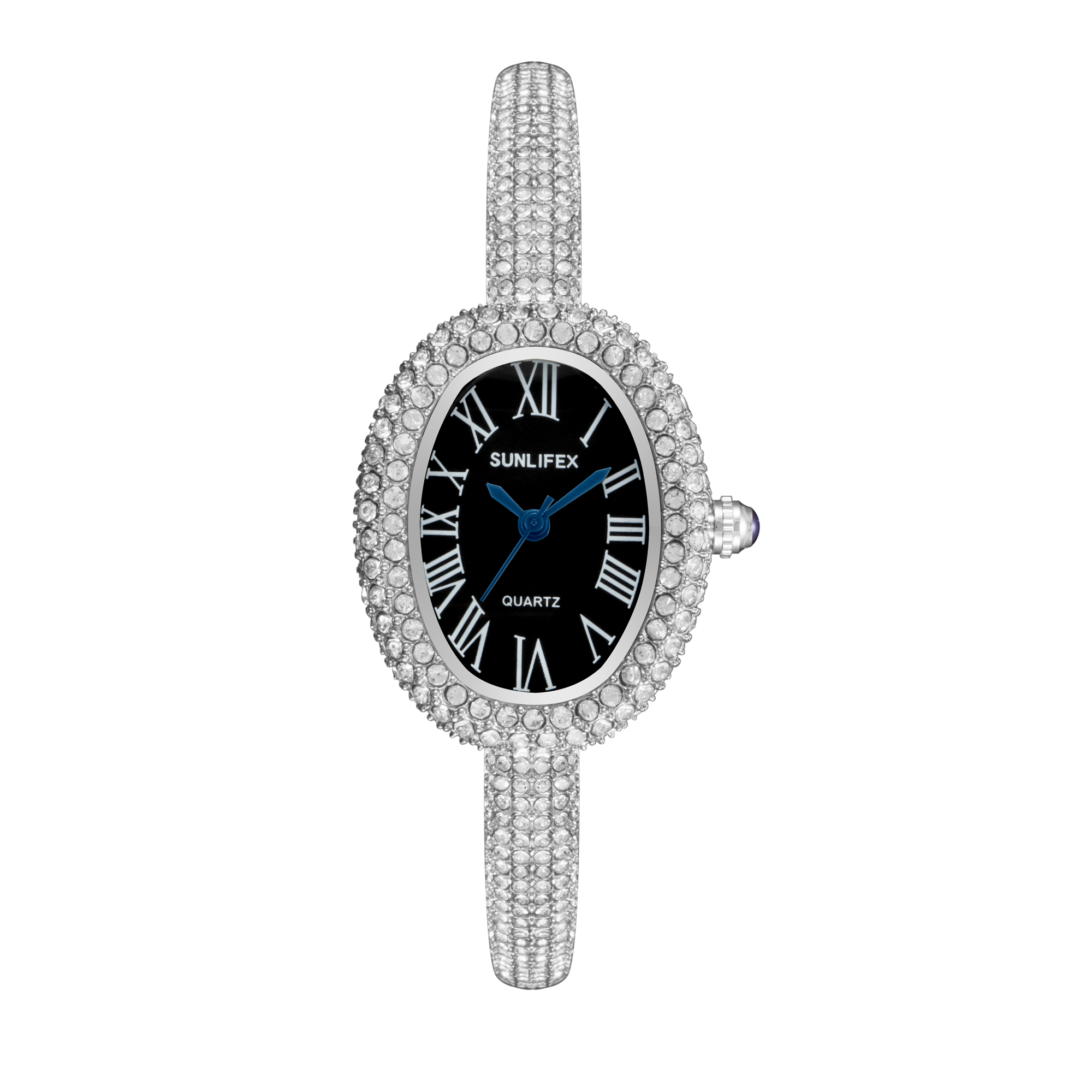 Luxury Women Quartz Watch, New Elegant Bracelet Wrist Watch with Roman Numerals, Rhinestones Inlaid Oval Design