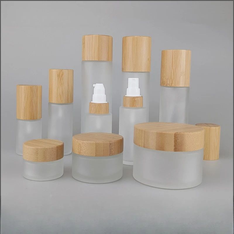 Frosted Glass Spray Bottle with Bamboo Lid – Refillable Fine Mist Lotion & Toner Dispenser