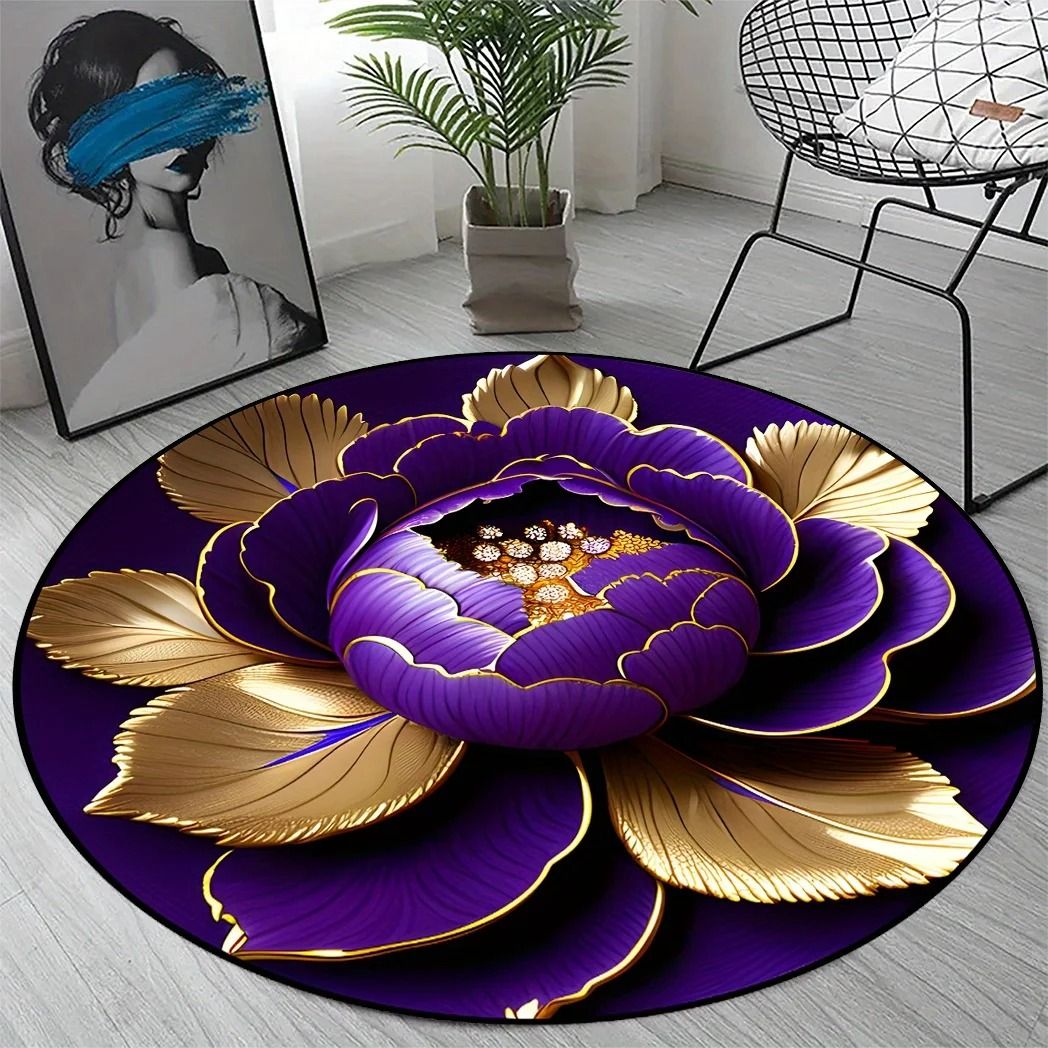 Purple Gold Peony Artistic Round Rug