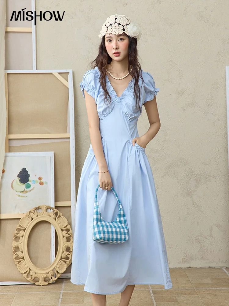 MISHOW V-Neck Puff Sleeve Dress | Premium 100% Cotton Slim Midi Dress & Professional 2025 Summer Office Outwear