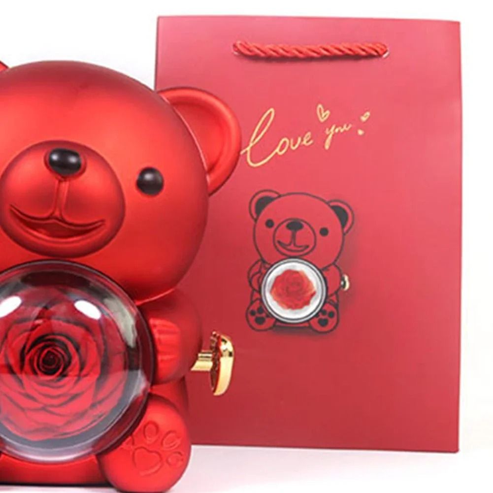 Eternal Rose Bear Jewelry Gift Box Romantic Rotating Rose Case