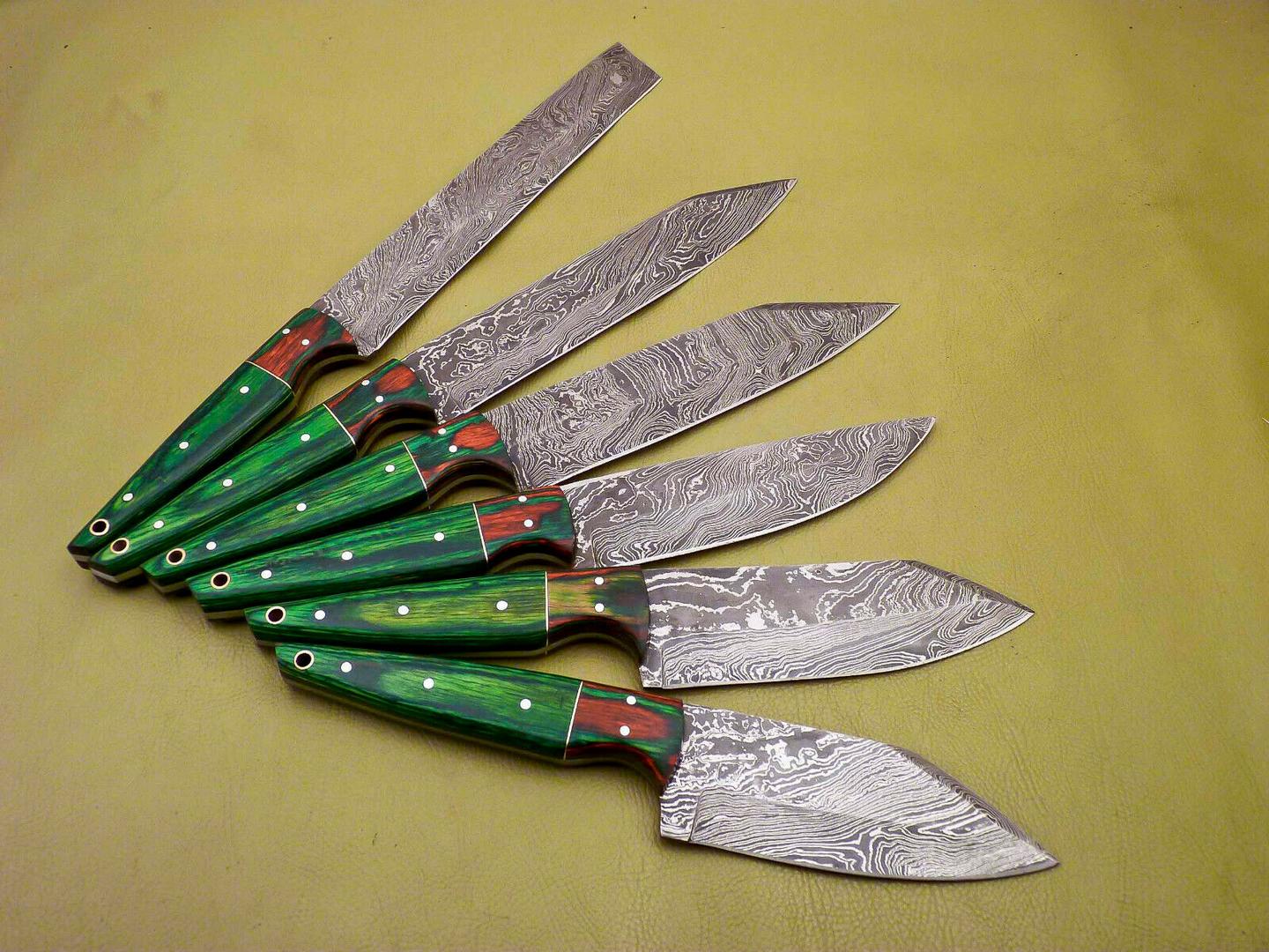 Lot of 6 Custom Damascus Chef Knives – Full Tang Kitchen & Skinning Set