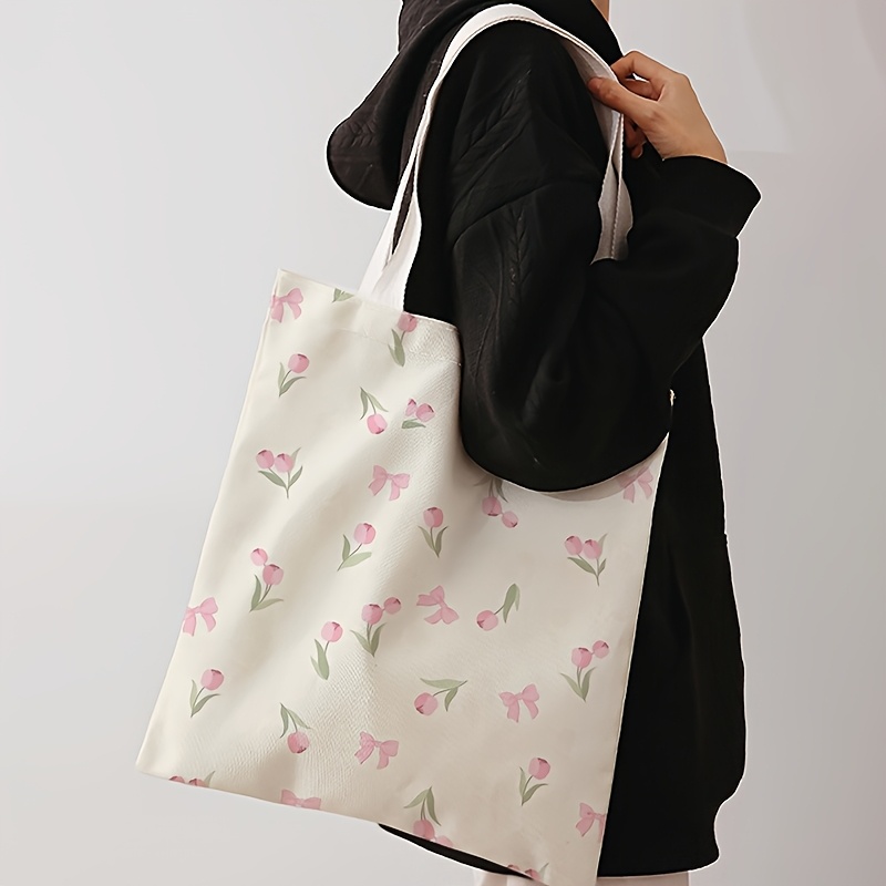 Tulip Print Canvas Tote Bag Reusable Floral Handbag Backpack
