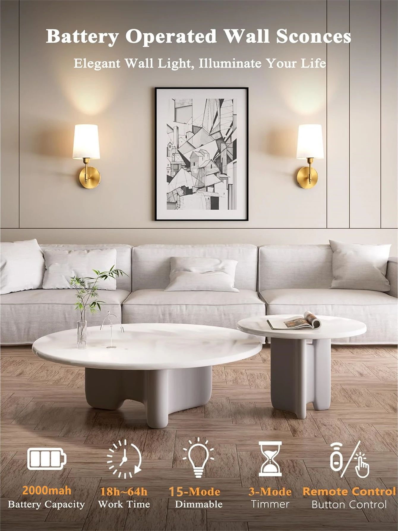 Wiring-Free Battery Operated Wall Sconce with 4000mAh Rechargeable Detachable Bulb, Remote Dimming & 15 Colors