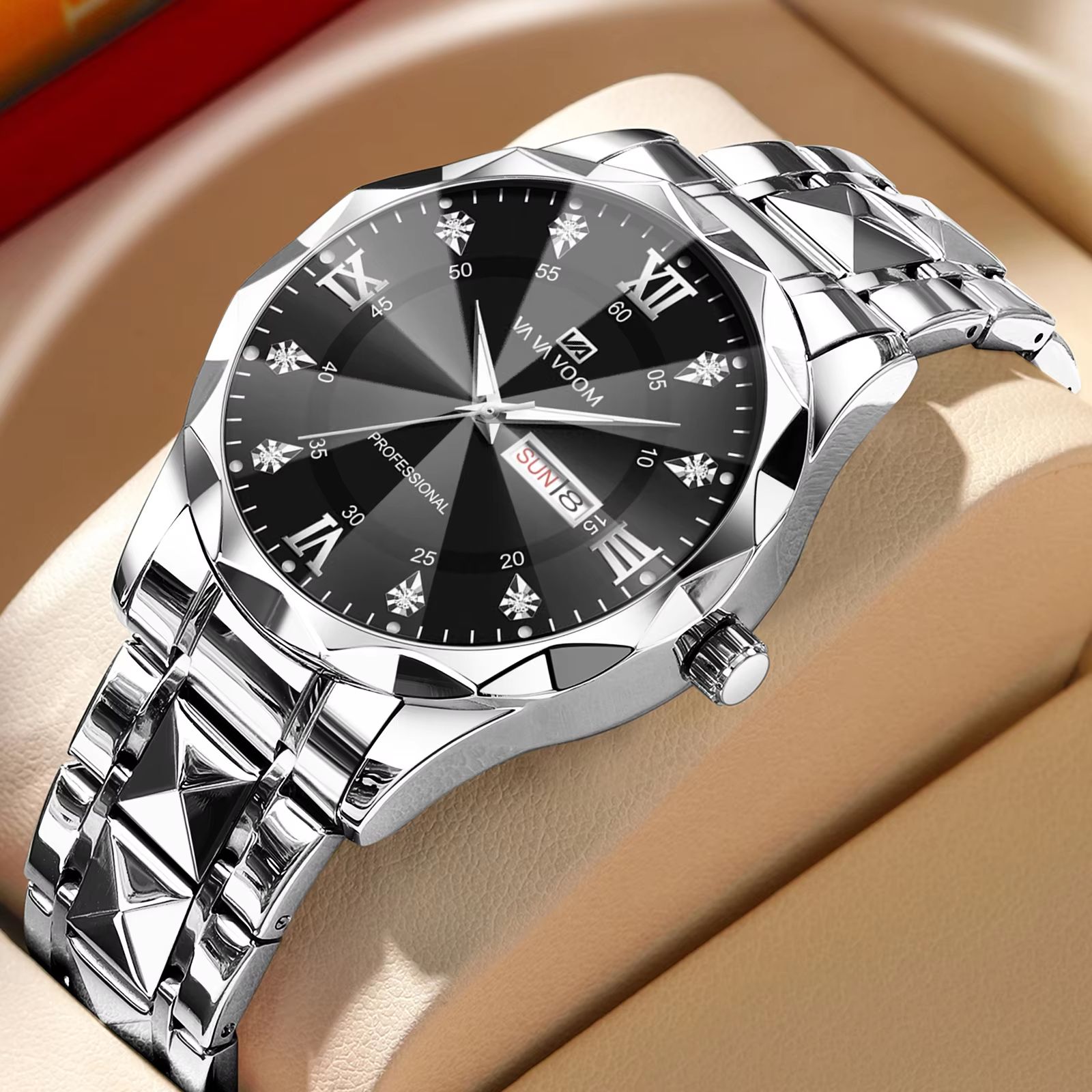 Men's Luxury Stainless Steel Watch – Blue Gold Quartz with Night Glow & Double Calendar