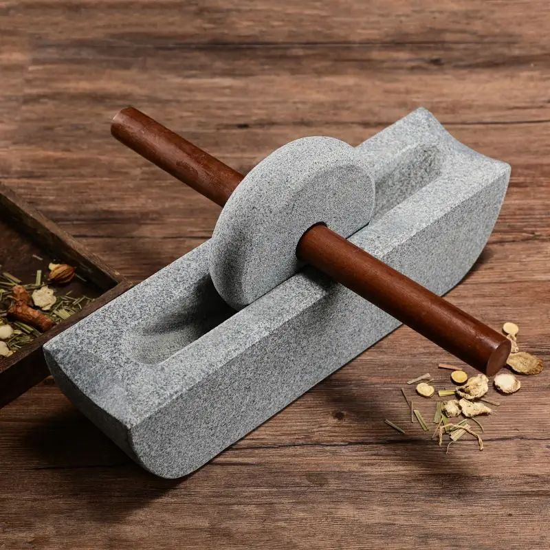 Traditional Chinese Medicine Grinder Set, Wooden Home Mill with Crusher Roller, Tea Tray, and Herb Seasoning Mills Decor