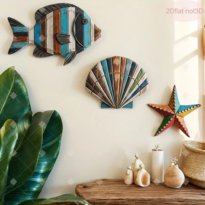 Coastal Ocean Wooden Decor Set – Colorful Sea Fish, Shell & Starfish Farmhouse Wall Accent