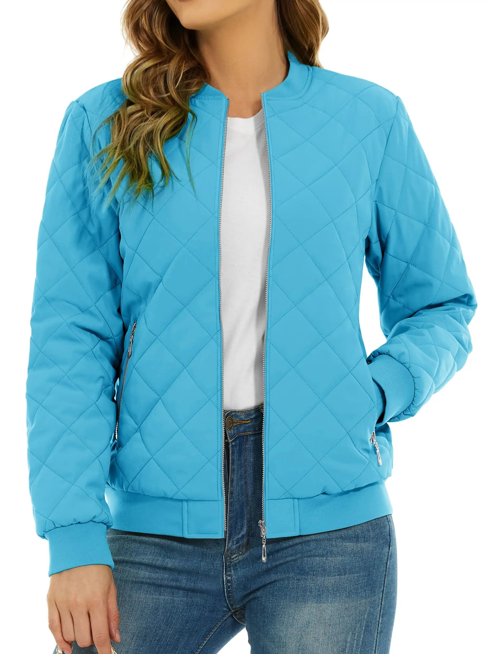 Womens Diamond Quilted Bomber Jacket Full Zip Warm Padded Coat