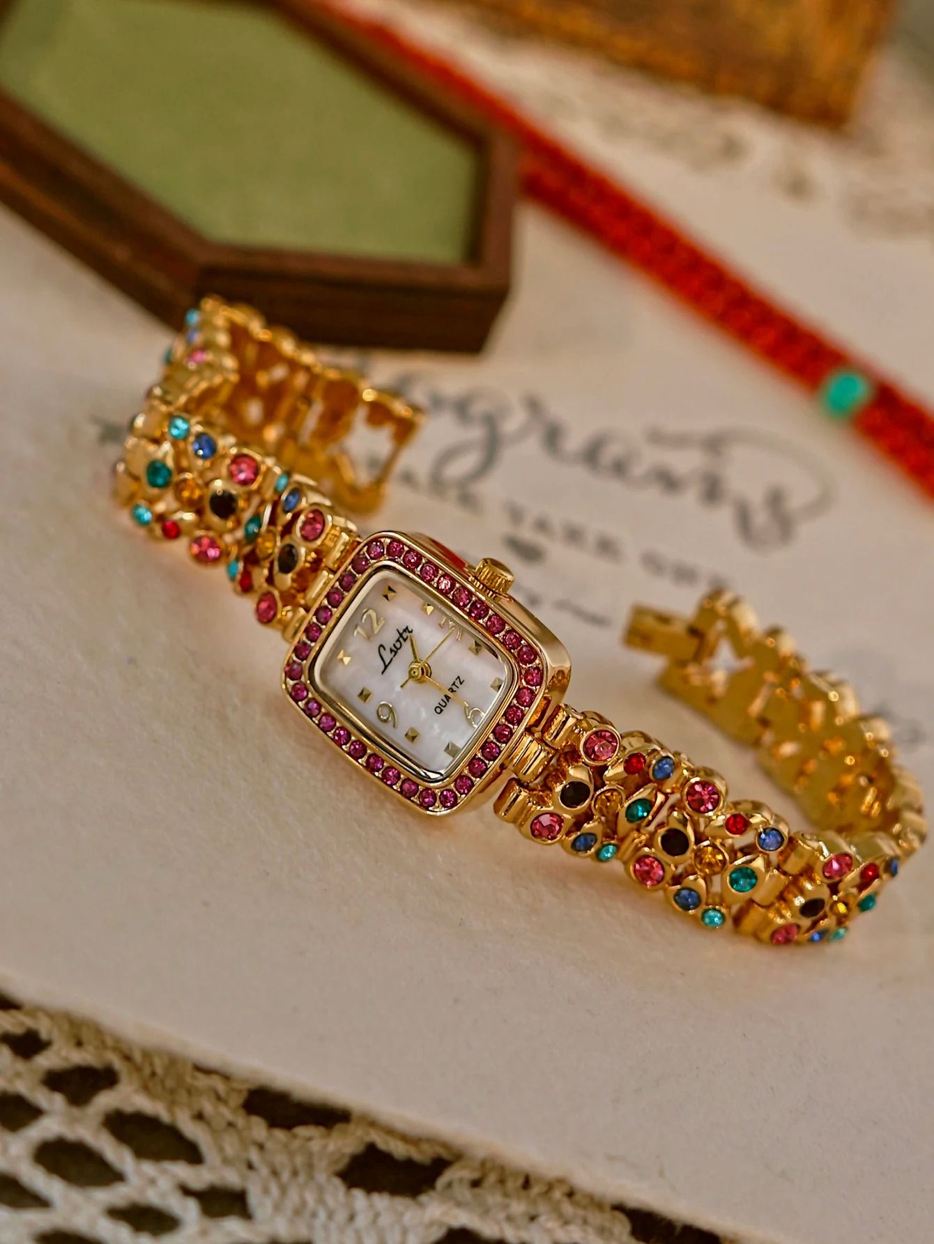 French Elegance Colorful Gemstone Watch – Luxury Mother-of-Pearl Square Timepiece with 30m Waterproofing