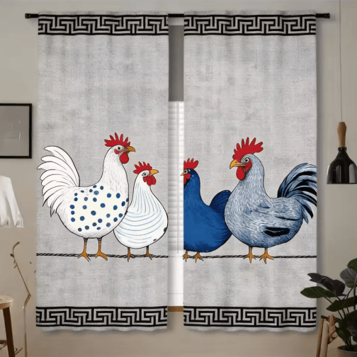 2-Piece Cafe Curtains Kitchen Window Retro Polka Dot Chicken Print Panels