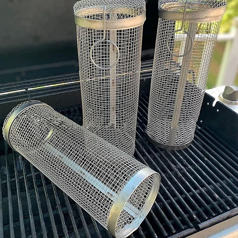 Circular Stainless Steel Rolling BBQ Basket – 360° Rotating Mesh Grill Cylinder