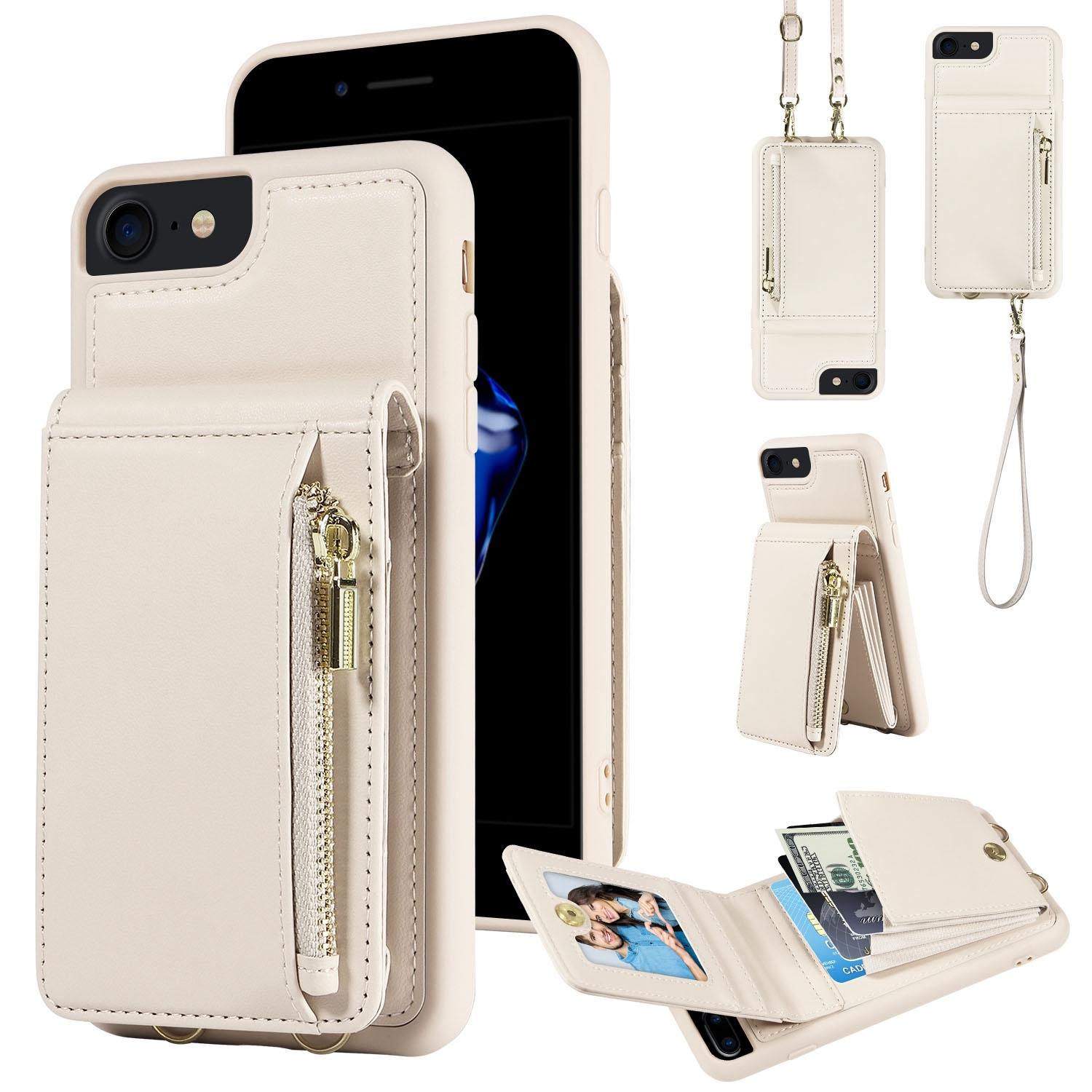 Leather Crossbody iPhone Wallet Case with Zipper Pocket & Lanyard Strap