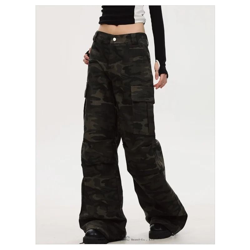 Womens Wide Leg Cargo Jeans Casual High Waist Cargo Pants Multi Pocket Relaxed Fit Denim Trousers
