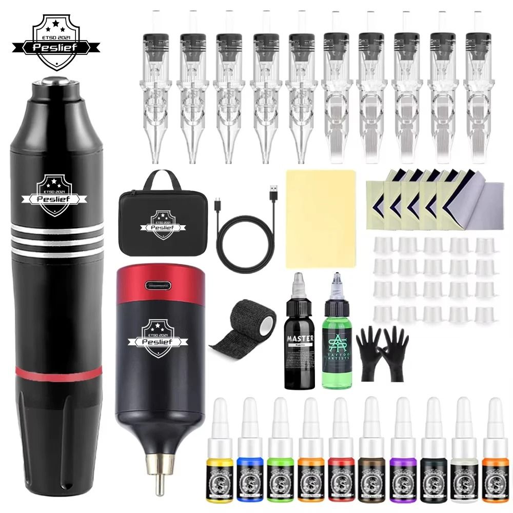 Professional Wireless Rotary Tattoo Machine Kit with 10 Cartridge Needles Complete Set
