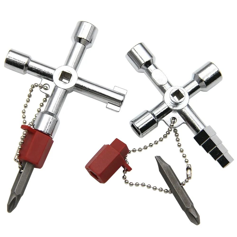 4-in-1 Silver Key Wrench Set | Triangle & Square Utility Cabinet Valve Tool + Screwdriver for Elevator Control Panels