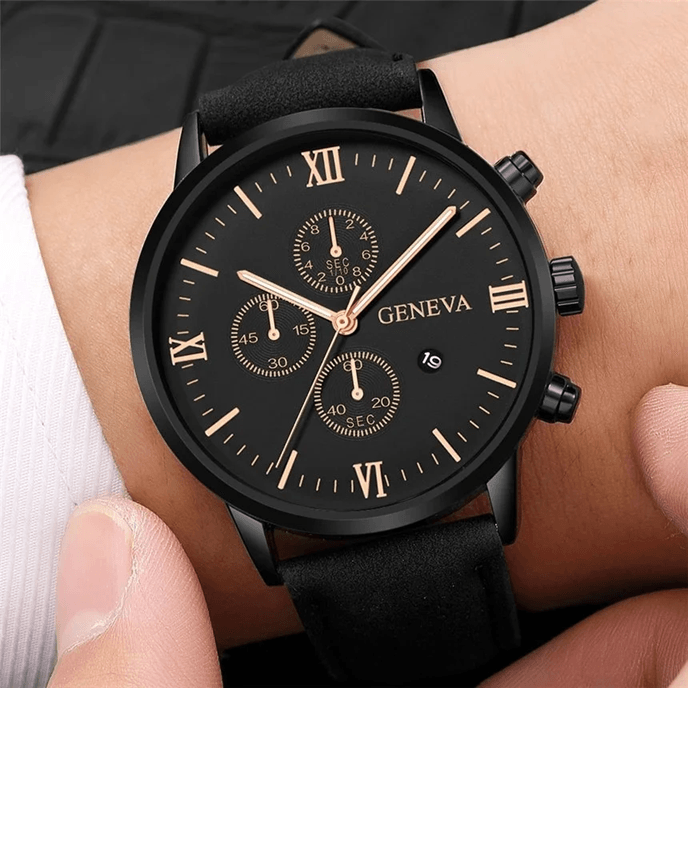 Mens Casual Leather Quartz Watch with Calendar