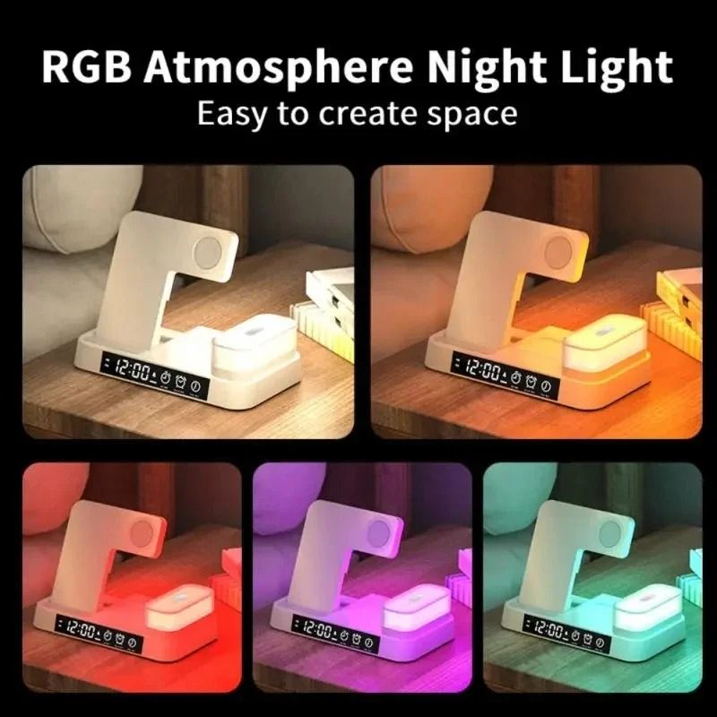 30W 3-in-1 Wireless Charging Stand Alarm Clock Night Light Station