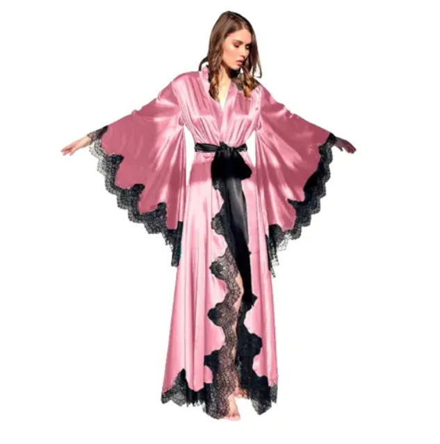 Black Silk Satin Women Robes Sleepwear, Kimono Pajamas, Lace Trim Wedding Dress, Long Pure Silk Bride Gown