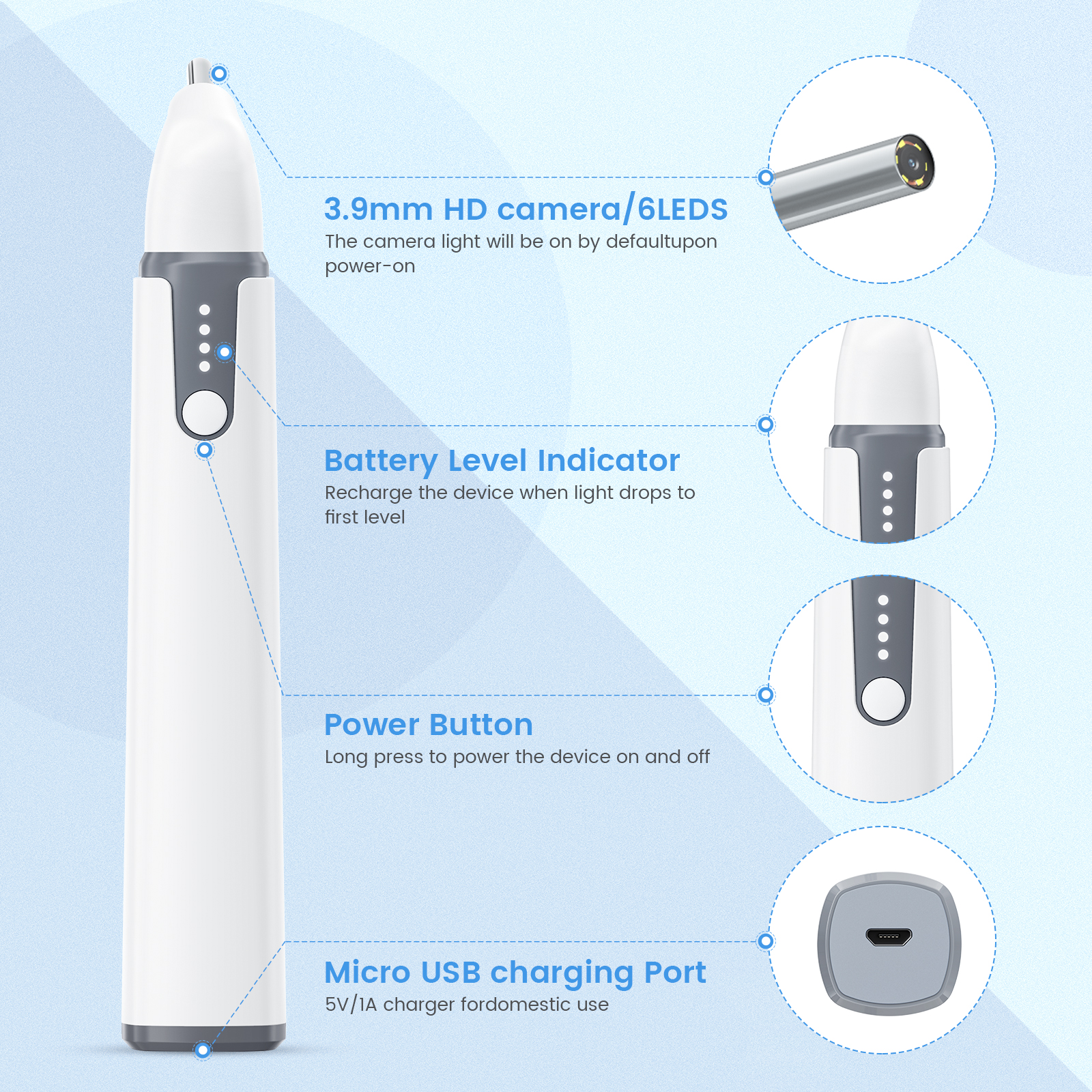 Wireless Otoscope Ear Camera HD with LED Lights for Adults & Kids, Supports iPhone & Android