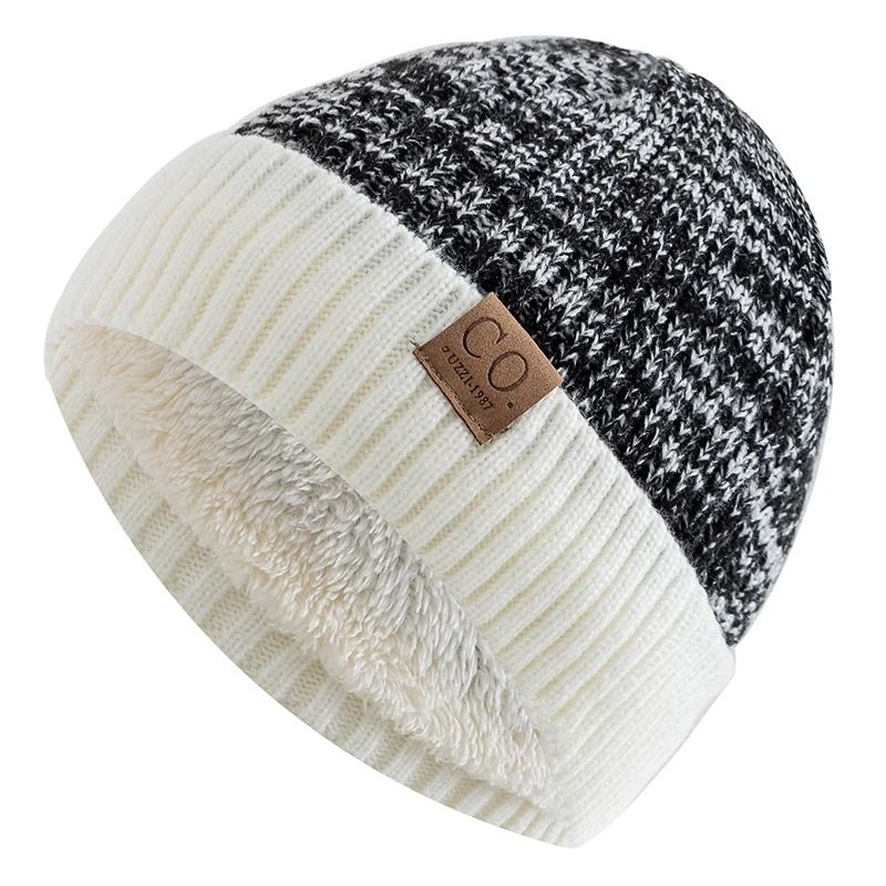 Unisex Two Tone Winter Fur Lined Beanie Hat