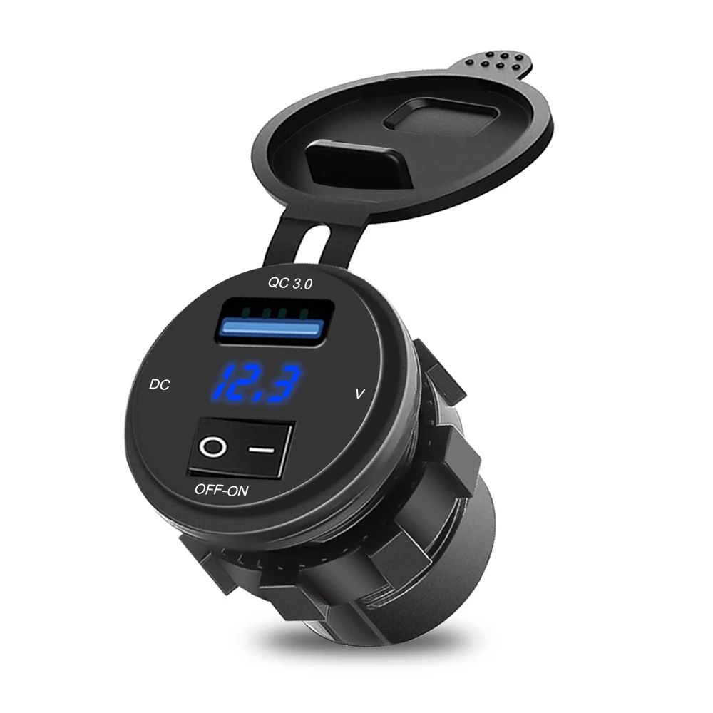 QC3.0 Dual USB Car Charger Socket with Voltmeter – Waterproof Fast Charging 12V 24V Power Outlet