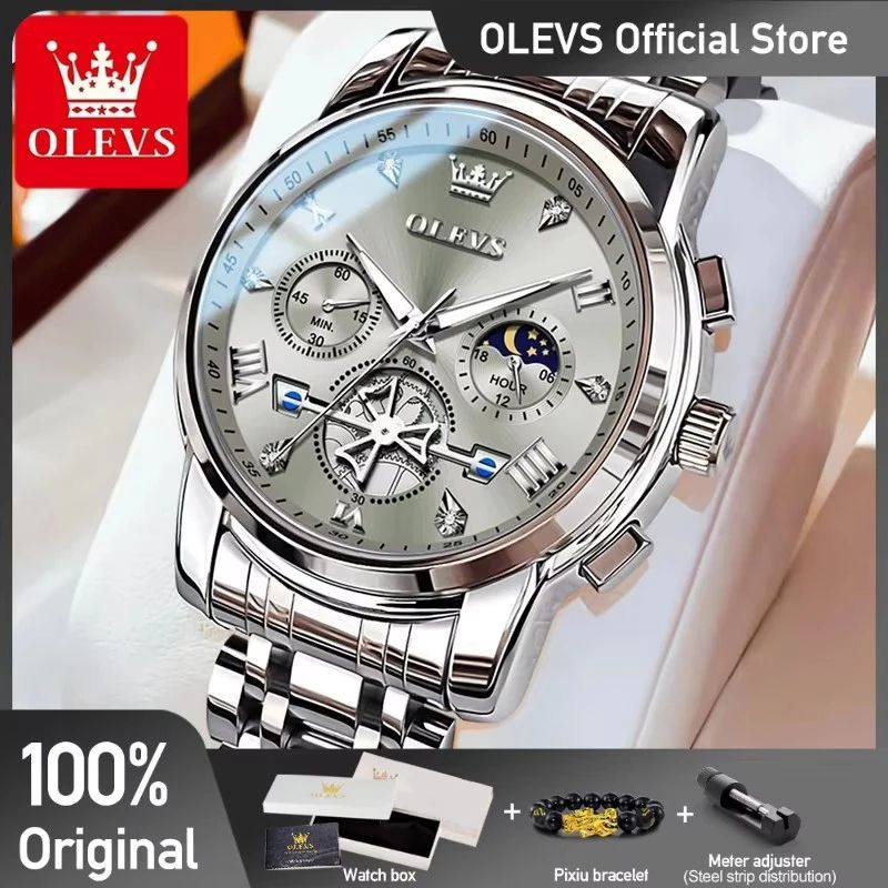 OLEVS Luxury Chronograph Moon Phase Watch Multifunction Quartz Waterproof Business Wristwatch for Men