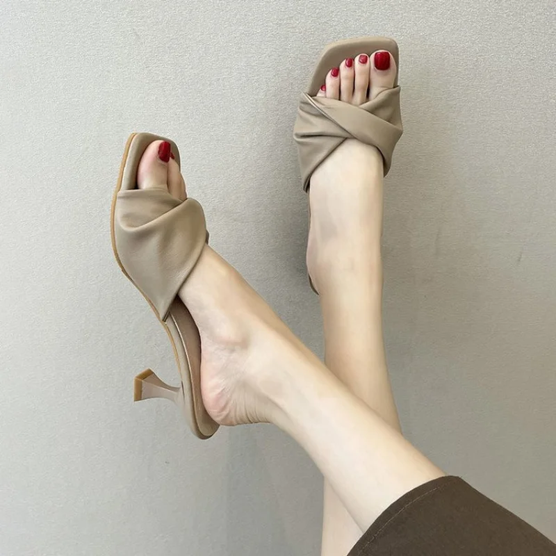 New Fashion Summer Handmade Women Shoes High Heels Square Open Toe Slippers Apricot Off White
