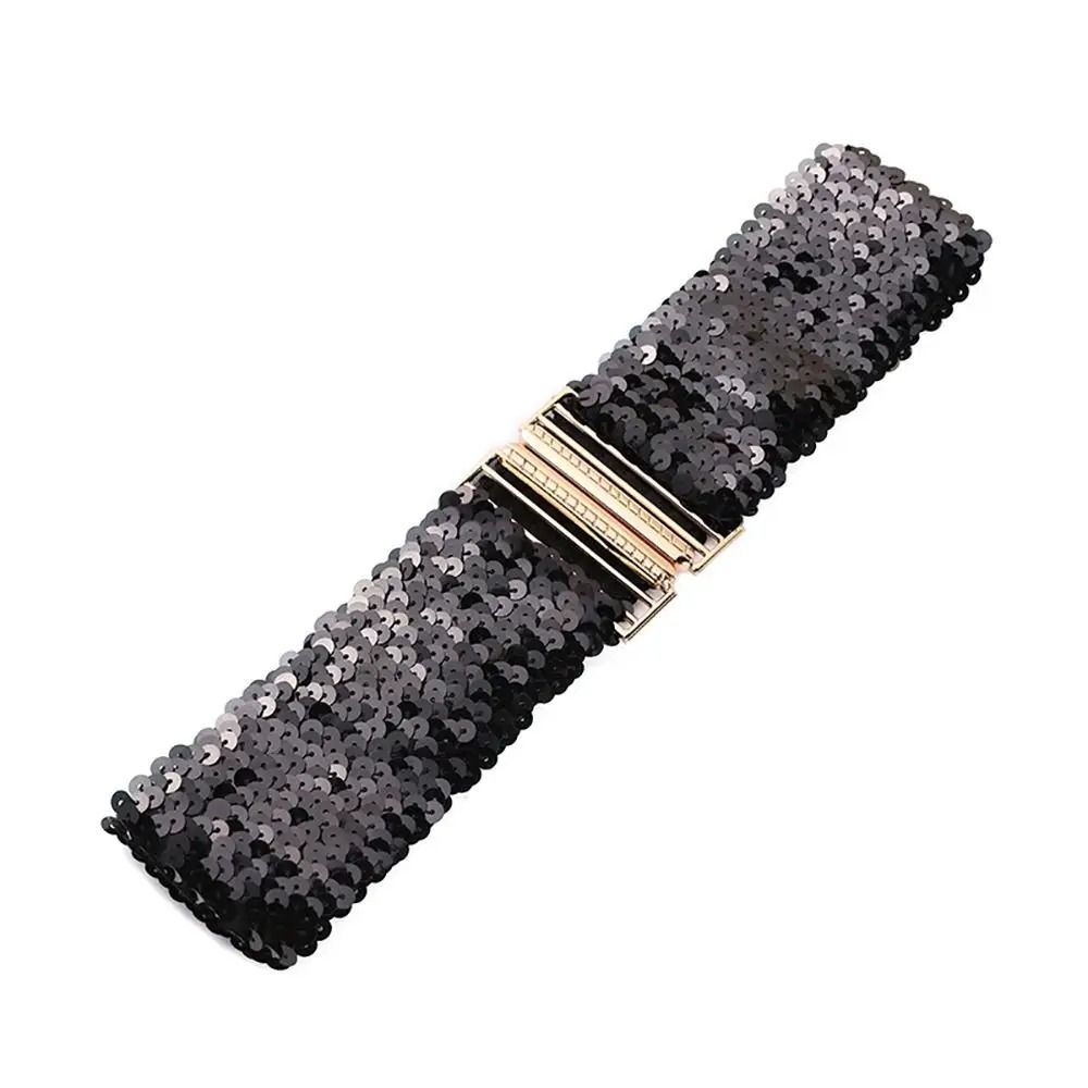 GlamCurve Wide Sequin Elastic Waist Belt with Gold Buckle