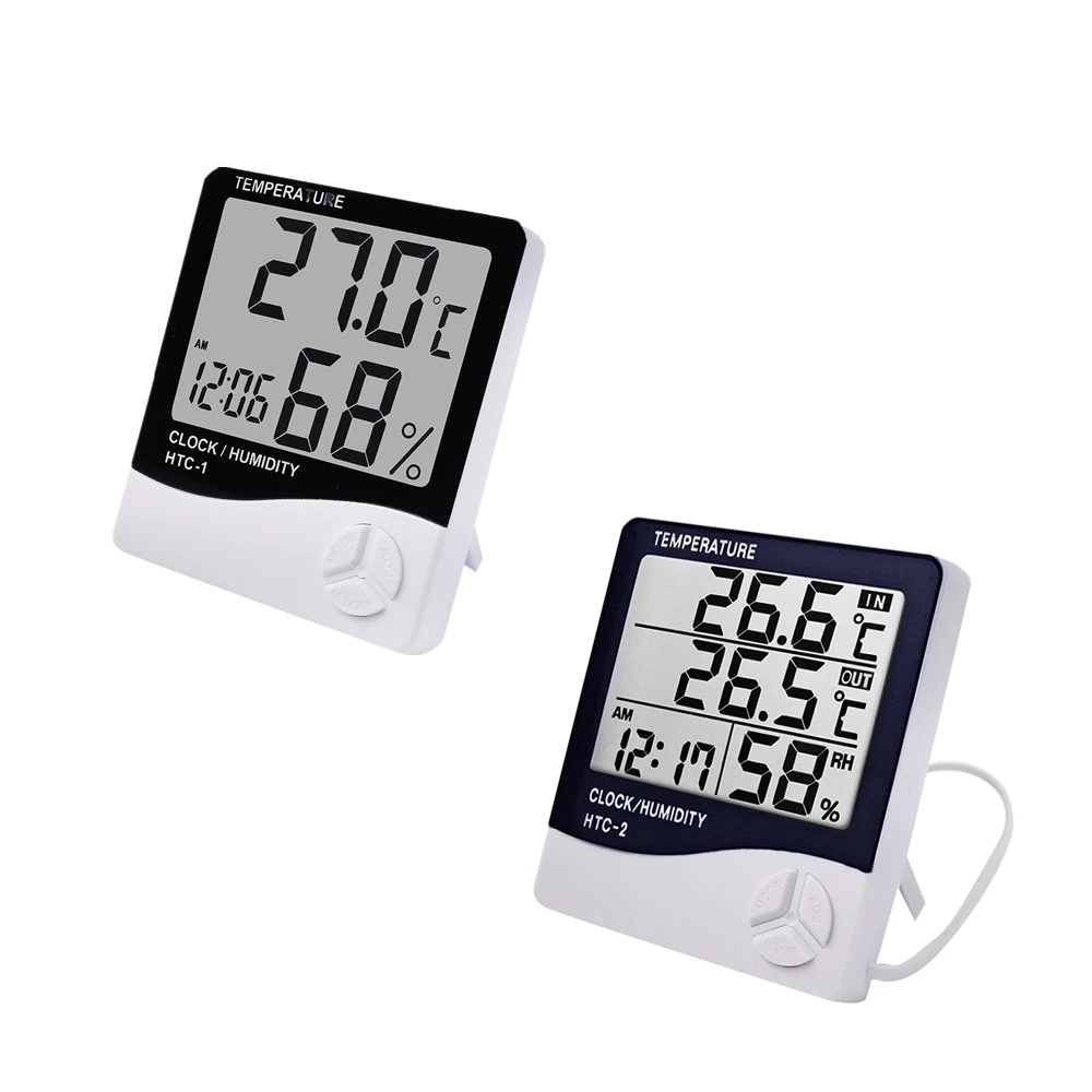 Digital Thermometer Hygrometer HTC-1/HTC-2 Indoor Outdoor Temperature Humidity Monitor with LCD Display, Clock & Alarm