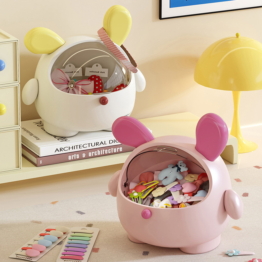 Cute Rabbit Desktop Storage Box with Dustproof Stationery Organizer for Girl Hair Rings, Jewelry & Home Decor