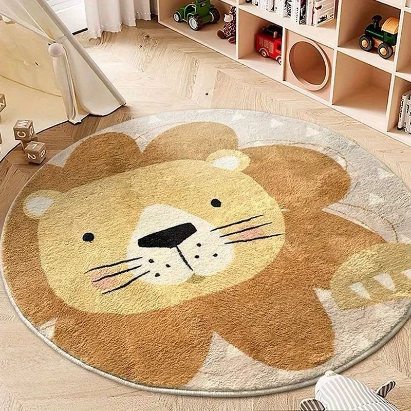 Cute Cartoon Lion Rug Fluffy Kids Round Plush Carpet for Children Room