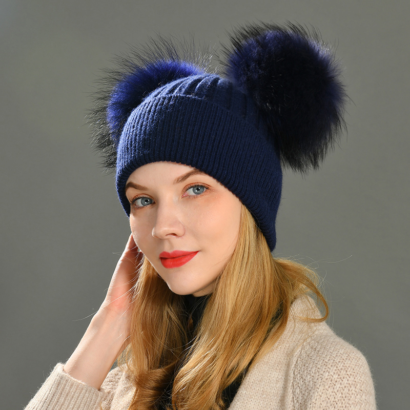 Women Winter Knitted Wool Hat, Double Real Raccoon Fur Pompom Beanie, Skullies Cap for Girls, Female Two Fur Pom Pom Hat