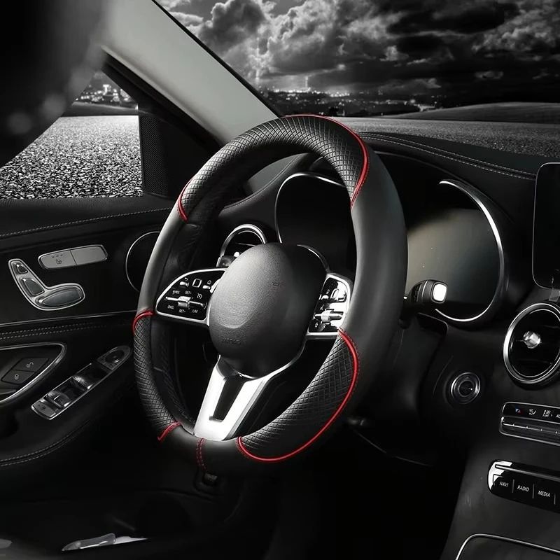 Leather Steering Wheel Cover – Diamond Pattern Anti-Slip Universal 14.5–15 in Car Wheel Protector