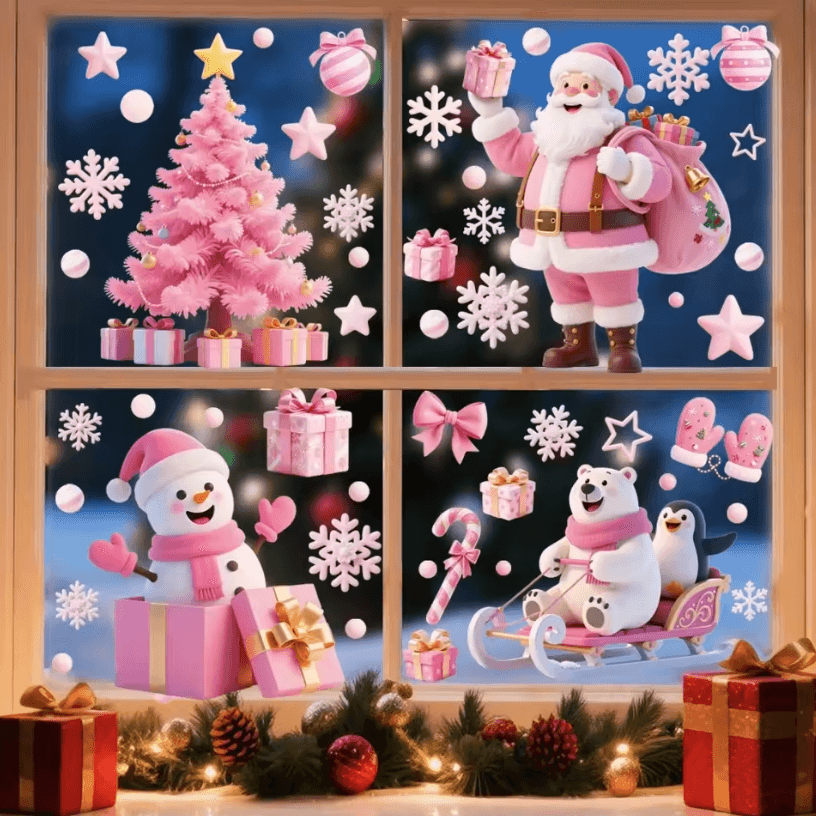 Festive Christmas Window Stickers – Santa Claus Snowman Stickers and Holiday Door Decorations with Christmas Tree Decals