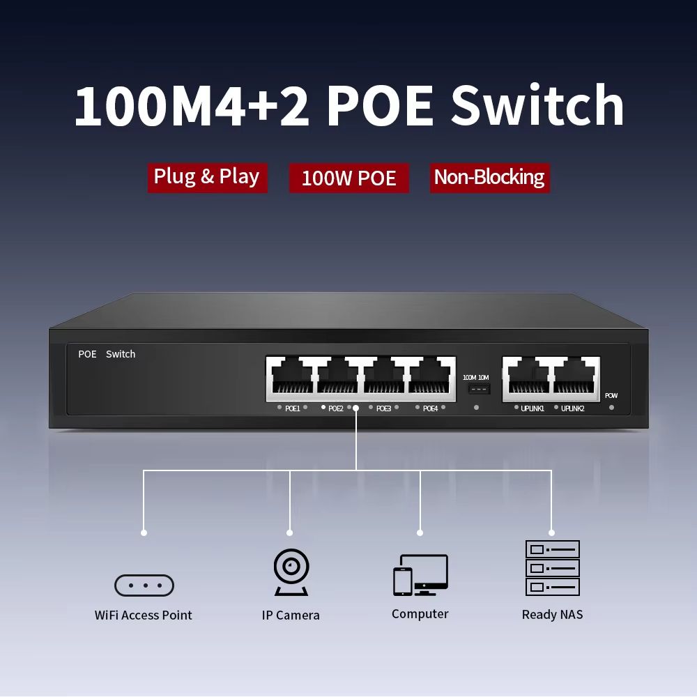 4/6/8 Port POE Switch 100Mbps – Smart RJ45 Injector for IP Cameras, NVR & Wireless Access Points