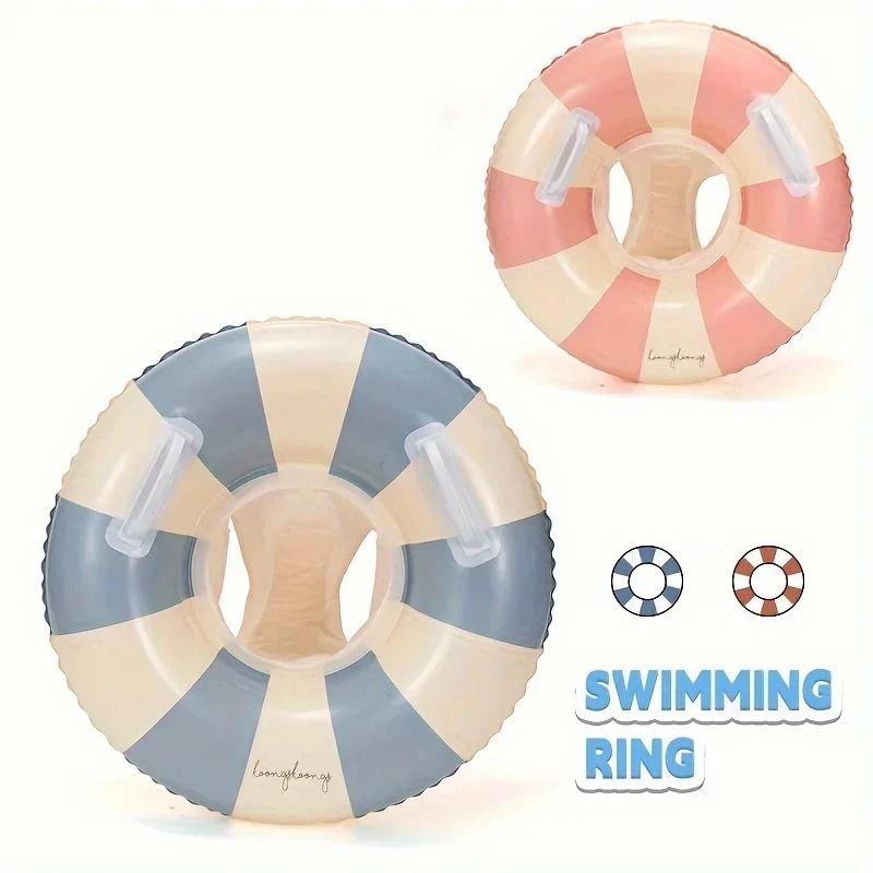 Vintage Striped Inflatable Swimming Ring – Durable PVC Pool Float with Handles for Kids