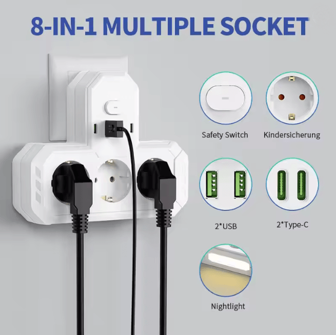 EU Multi Socket Wall Plug Adapter Four Way Power Socket Space Saving Design