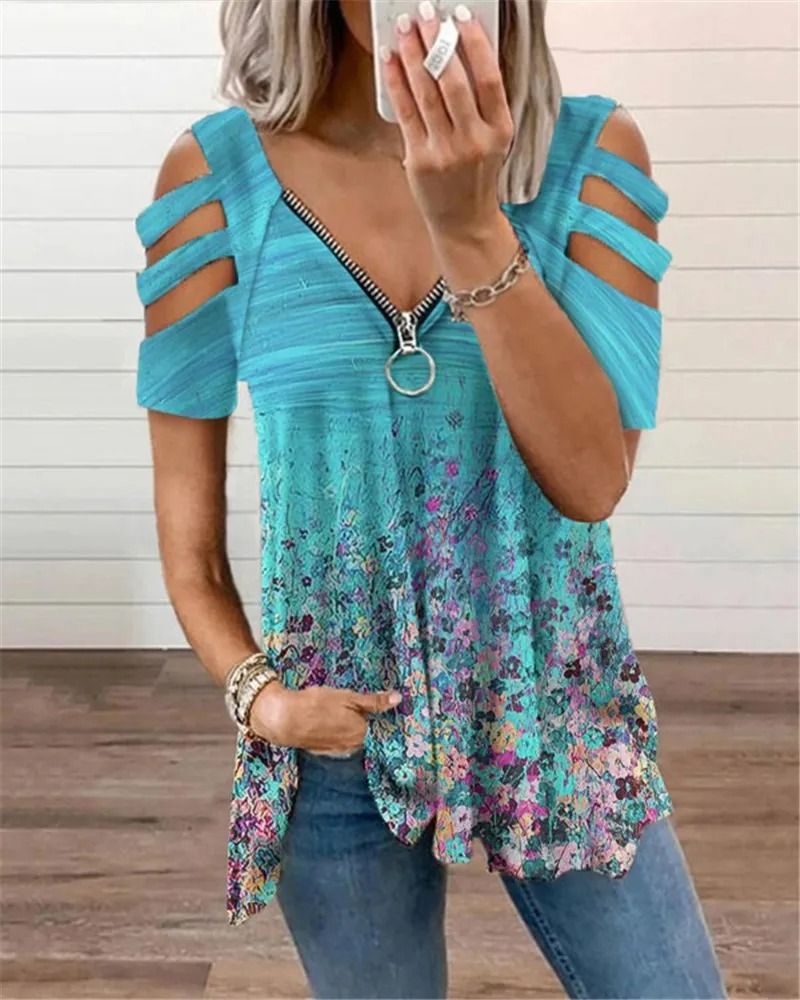 Summer Cold Shoulder Leopard Print Zipper V Neck Loose Casual Blouse
