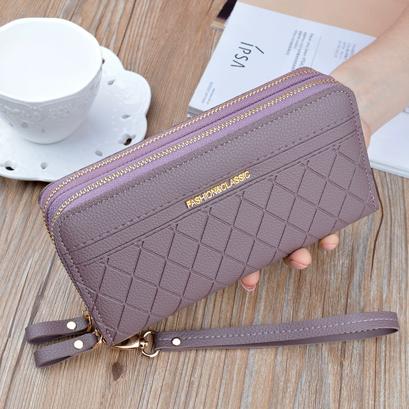 Womens PU Leather Double Zipper Wallet Clutch Large Capacity Wristlet Phone Purse & Card Holder with Money Clip