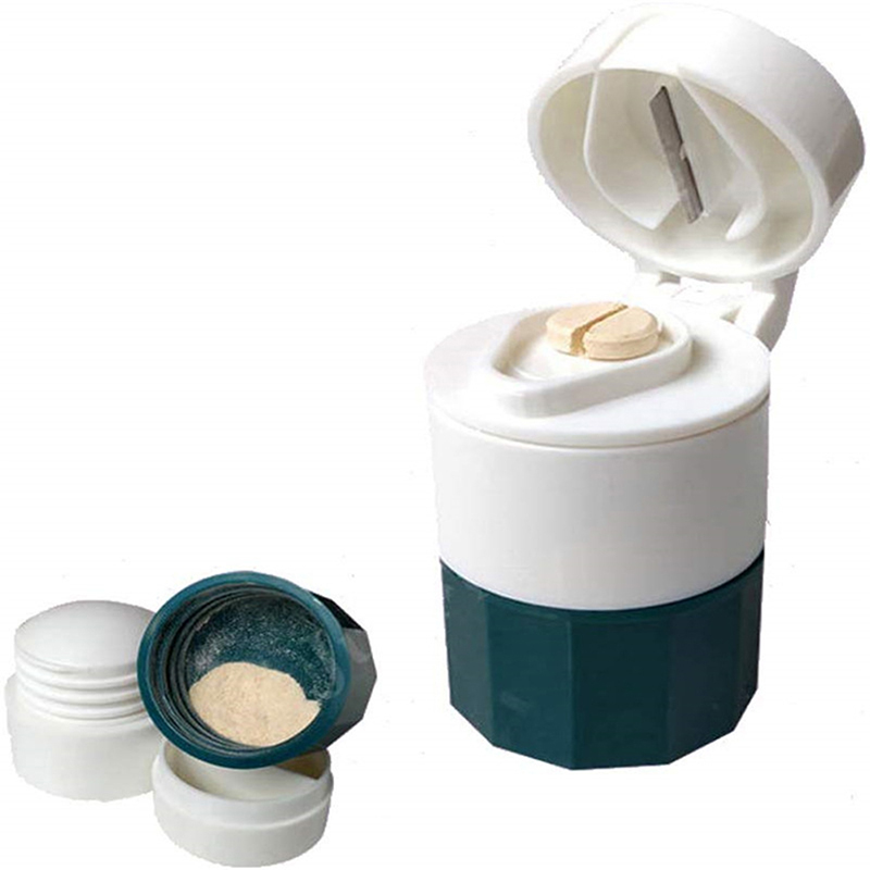 Portable Pill Case, Medicine Box with Cutter and Storage Container, Grinder for Pills and Powder Splitter