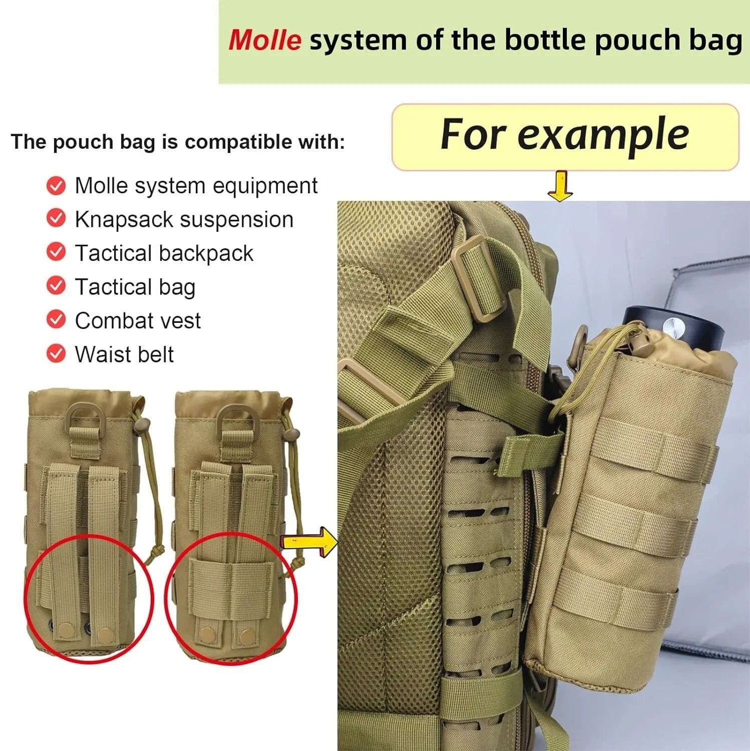 Tactical MOLLE Water Bottle Pouch High Density 1000D Nylon Bottle Holder with Drawstring and Mesh Bottom