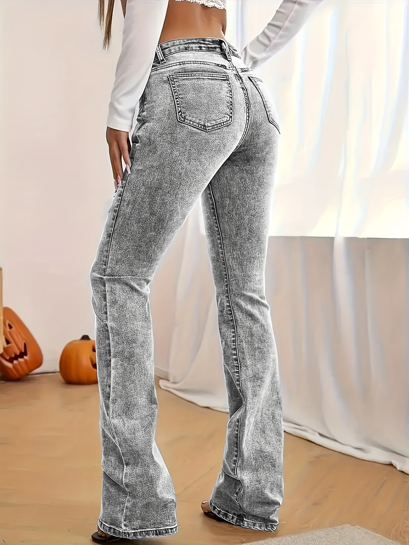 Gray Low Rise Slim Fit Bootcut Jeans Fashion Women, Y2K Style Snow Wash Denim Pants, Elegant Streetwear Look