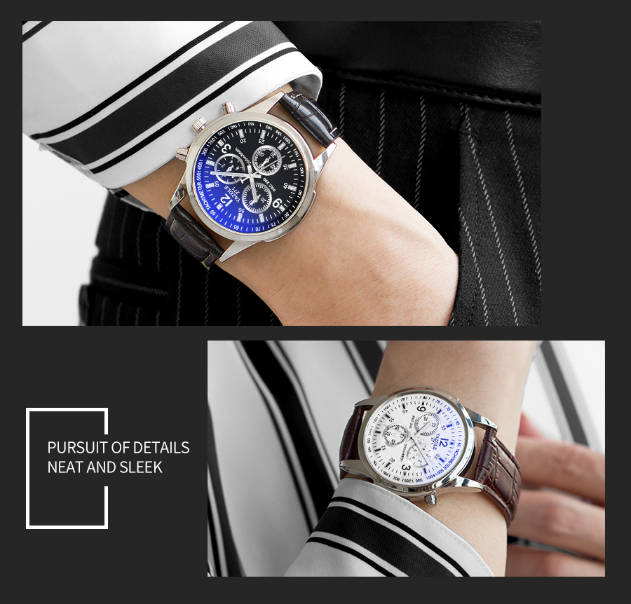 Men's Quartz Watch Blue Dial Waterproof Business Casual Leather Strap Watch