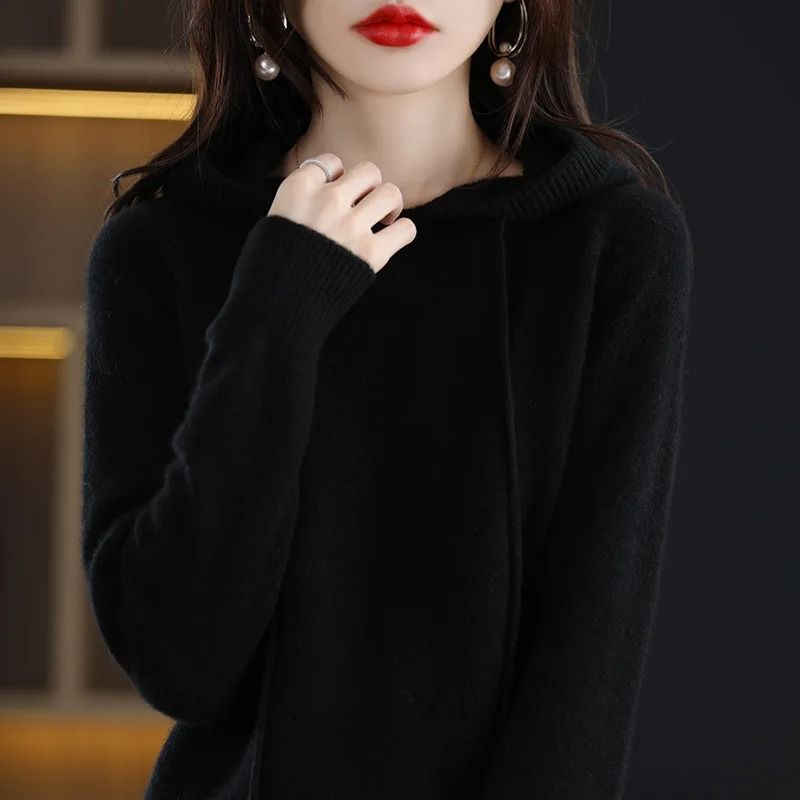 Casual Womens Knitted Hoodie Sweater Loose Drawstring Pullover Hoodie